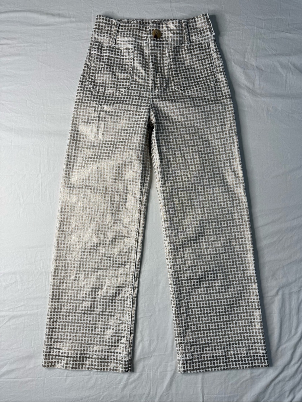 Anthropologie Maeve Colette Metallic Dot Cropped Wide Leg Pants 26T Gold - Picture 2 of 15